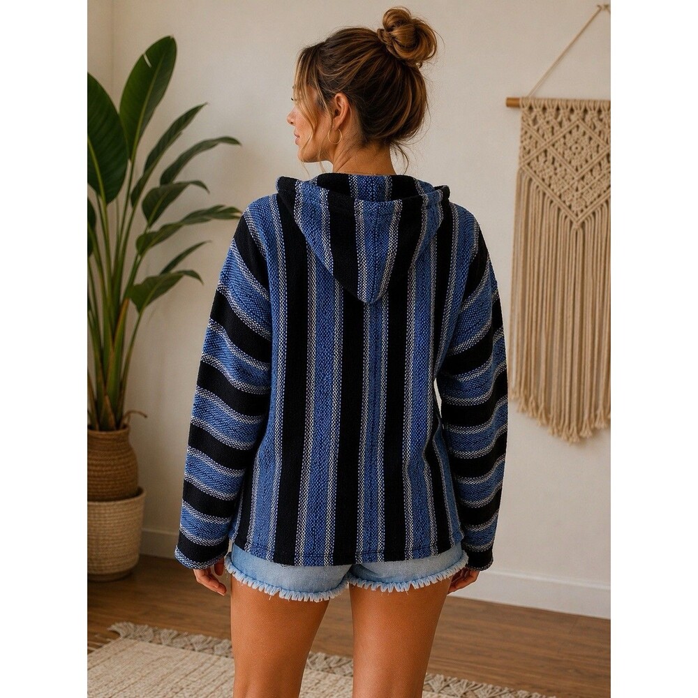 Vintage Mexican Baja Hoodie Blue Black Striped Pullover Kangaroo Pocket M - Picture 5 of 9